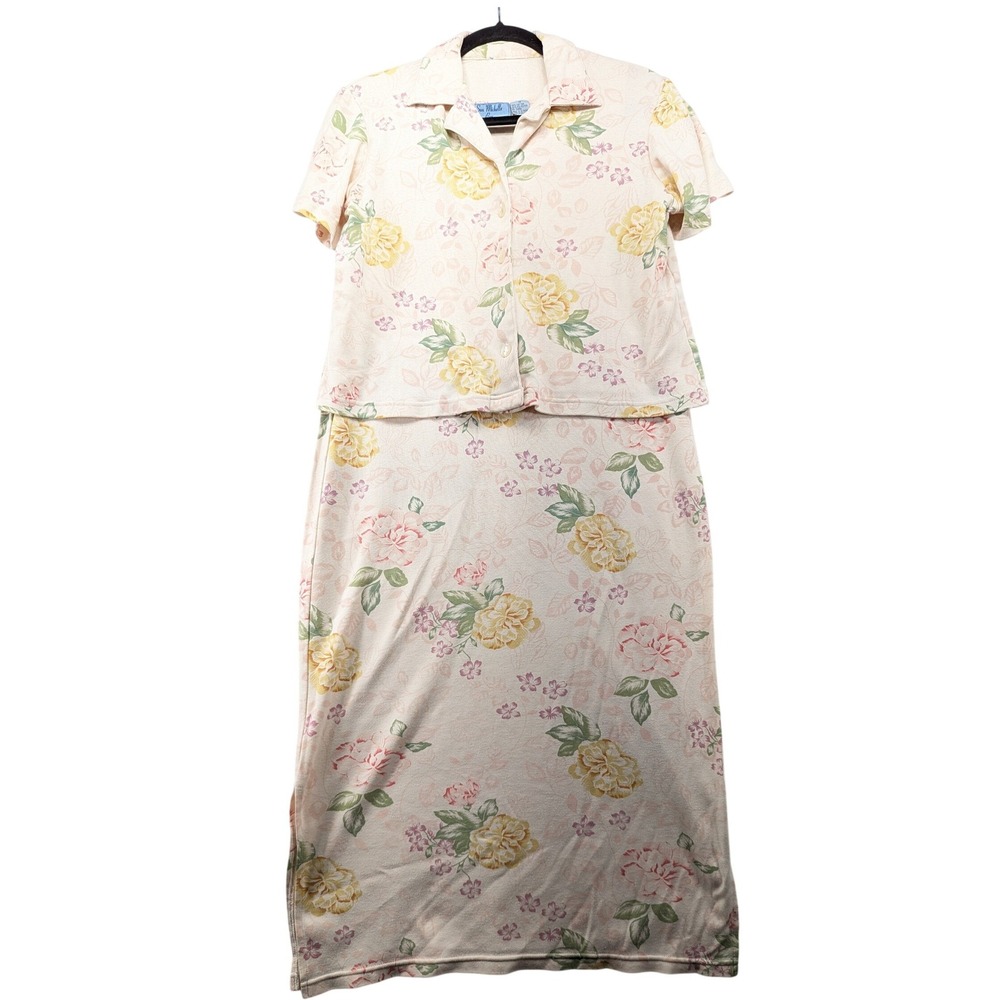 San Michelle Bay Floral Maxi Dress and Cardigan Set Pink Yellow Cream M